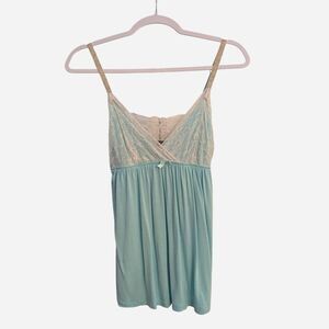 Blue Lace Babydoll Cami With White Lace Trim And Bow